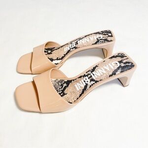 Gianni Bini Tan Patent Leather Slide Kitten Block Heel Sandals 8.5 Like New
